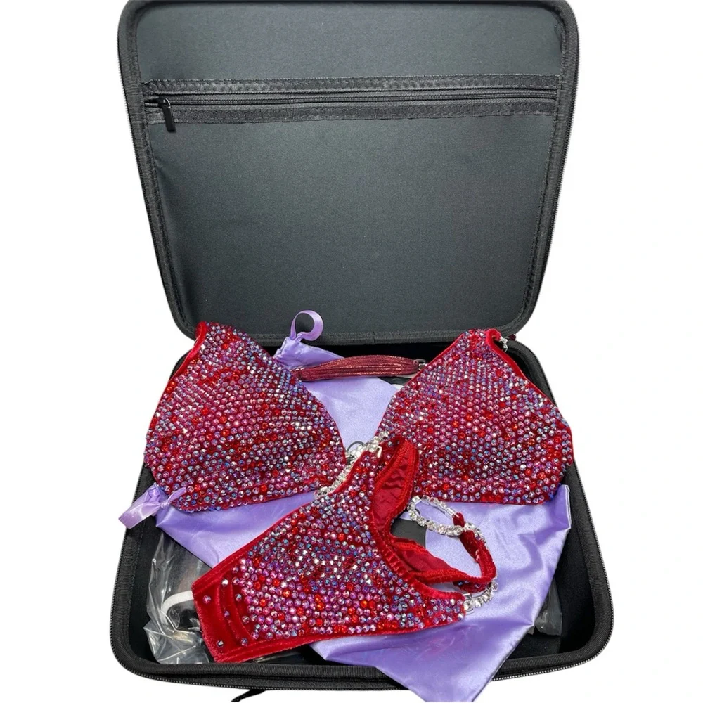 Angel Competition Diamond Pro Multicolor Velvet Red Bikini Set NPC/IFBB - Picture 7 of 7